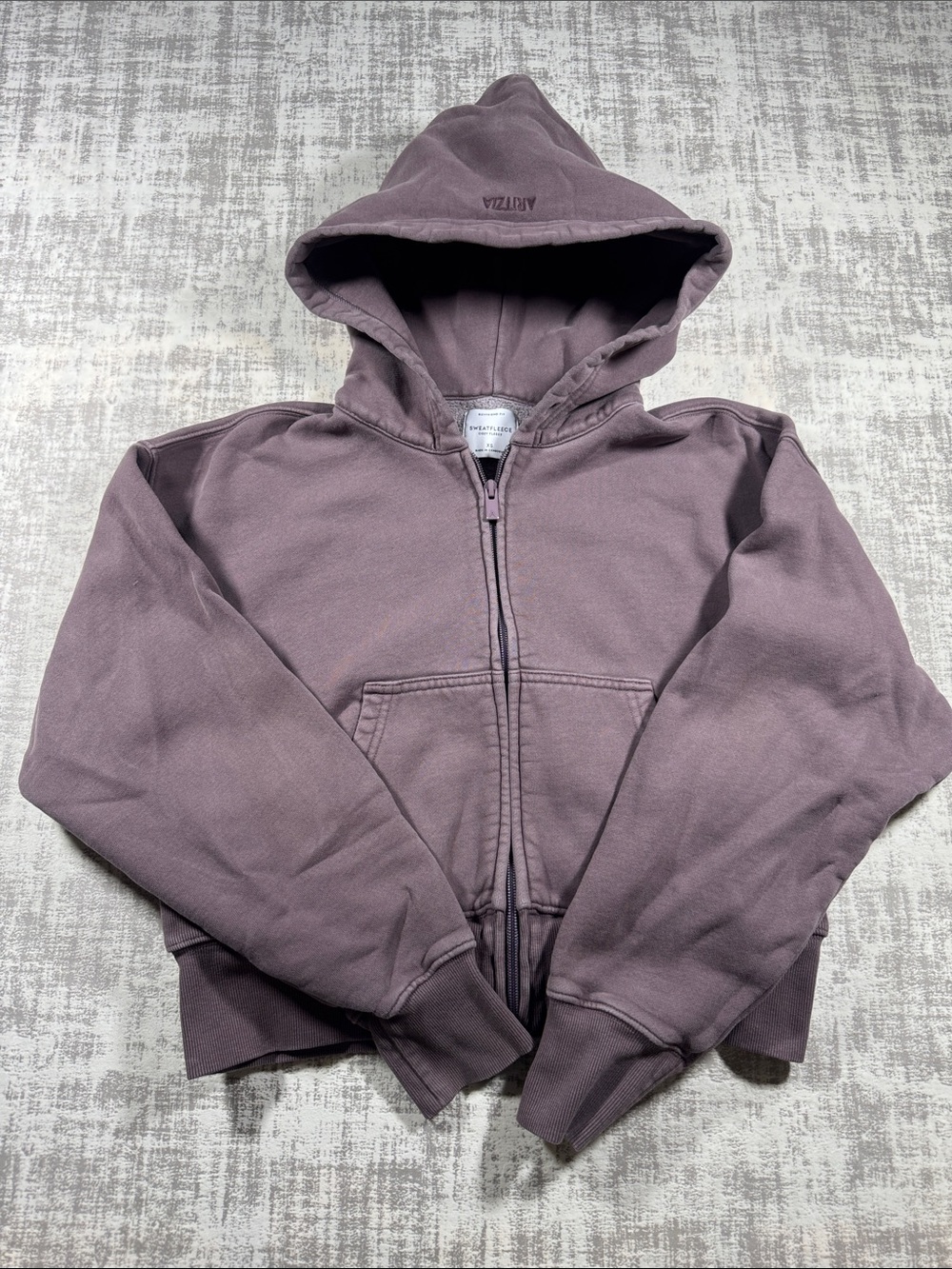 Aritzia Washed Mauve Full-Zip Hooded Sweatshirt Sweatfleece BF fit SZ XS 17.5X19